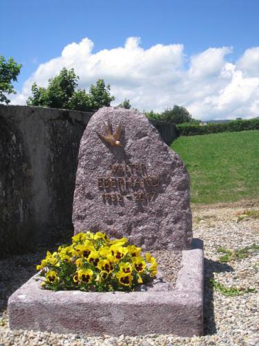 Monument funéraire en granit rouge, motif et lettres en bronze